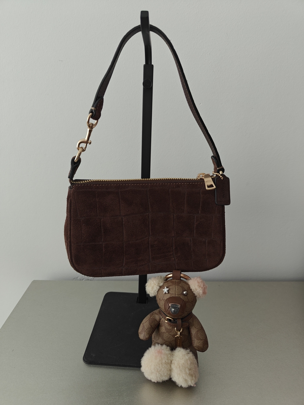 COACH Brown Suede Croc-Embossed Mini Shoulder Bag - Picture 2 of 7